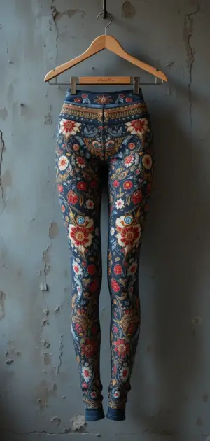 High-waisted vintage leggings with a bold floral and geometric print.