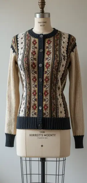Classic beige sweater with a central floral band and black trim for women