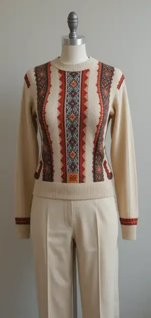Colorful vintage sweater with mixed patterns and ribbed trim for women