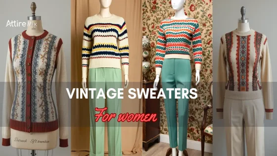 Collection of vintage sweaters in various patterns and colors for women