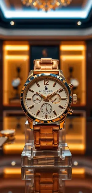 A Ralph Lauren gold watch with a cream dial and chronograph features