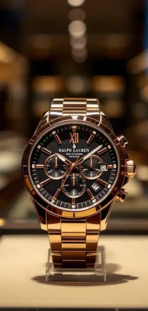 A Ralph Lauren gold chronograph watch with a black dial