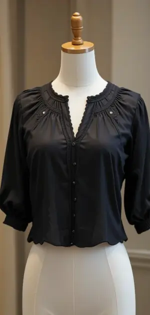 Black blouse for women featuring pleated detailing, button closure, and three-quarter sleeves.