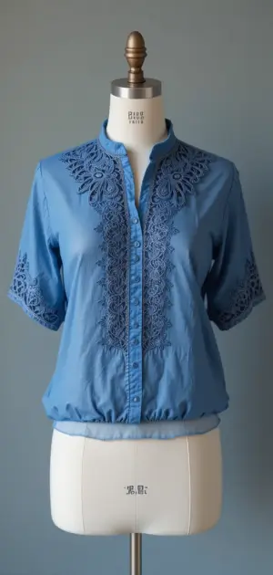 Light blue blouse for women featuring intricate lace accents and a stylish fit.