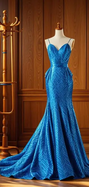 A light blue formal dress with pleated details.