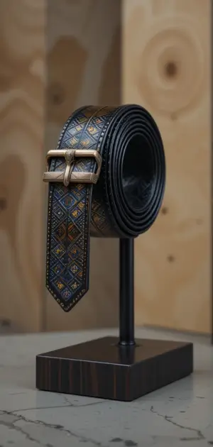 Black men’s belt with intricate patterns and a gold-tone buckle on display.