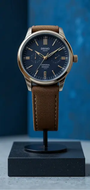 Men’s canvas watch featuring a blue dial, silver case, and brown textured strap.