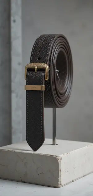 Dark brown men’s luxury belt featuring intricate patterns and a vintage gold buckle.