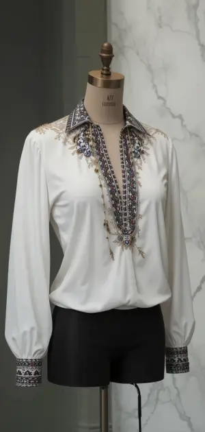White blouse with elegant collar and sleeves embroidered.