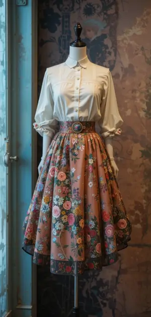 A fitted floral midi skirt paired with a classic white blouse.