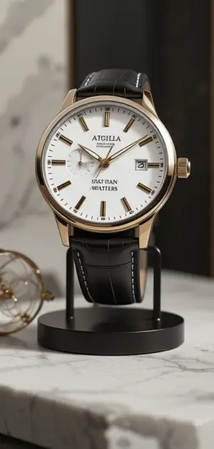 A refined luxury men’s watch featuring a gold case, white dial, and black leather strap.