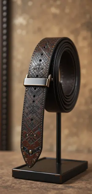 Dark brown mid-range men’s belt featuring intricate patterns and a silver buckle.