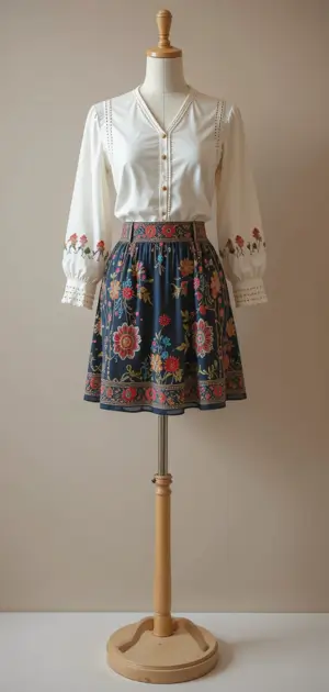 A stylish mannequin featuring a navy floral mini skirt.