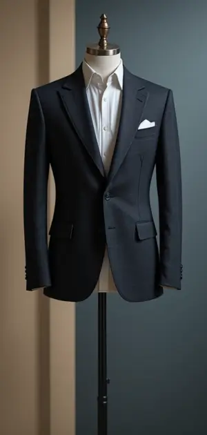 A black minimalist blazer on a mannequin paired with a white shirt and pocket square.