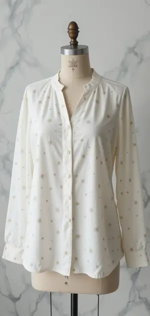 A white blouse featuring subtle embroidered patterns, perfect for any occasion.