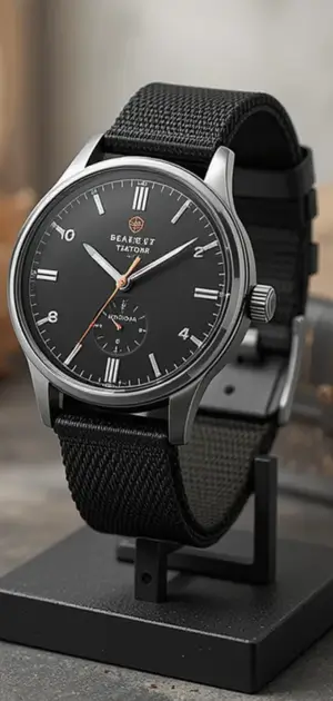 Men’s nylon watch featuring a black dial, silver case, and robust black nylon strap.