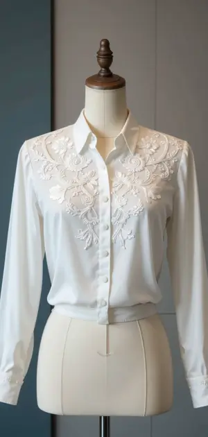 A white office blouse featuring intricate floral embroidery, perfect for work settings.