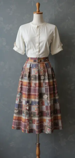 A plaid midi skirt in soft tones paired with a white button-up for a classic look.
