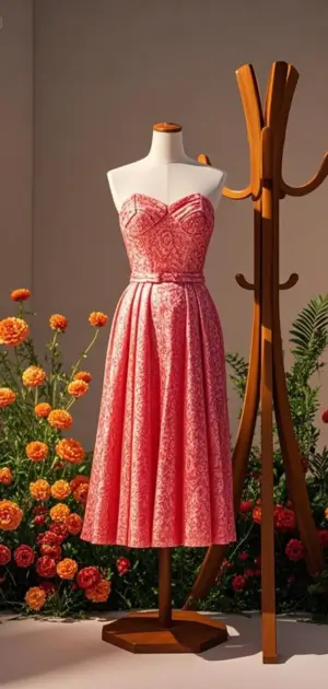 Off-shoulder light red polyester dress for women.