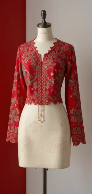 A long-sleeve red blouse featuring floral embroidery and stylish scalloped edges.