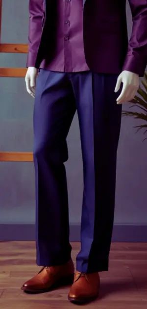 Bold burgundy men’s silk trousers with a tailored fit.
