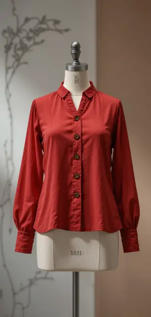 A striking red solid women’s blouse with button-down detail and long sleeves.