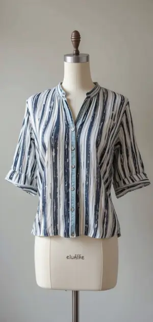 A women’s blue and white striped blouse with elbow-length sleeves and buttons.