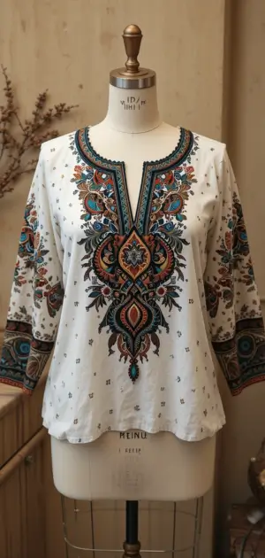 A white blouse with vibrant multicolor embroidery and 3/4 sleeves on a mannequin.
