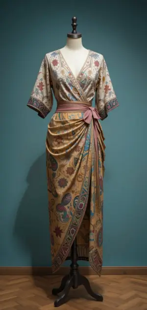 A mannequin in a wrap skirt and matching kimono-style blouse.
