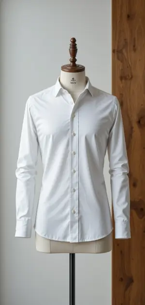 Mannequin wearing a white dress shirt in a minimalist room.