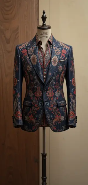 A stylish navy bohemian blazer for men featuring bold floral embroidery and rich details.