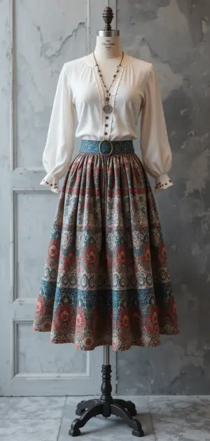 A boho-inspired outfit with a high-waisted maxi skirt and blouse.