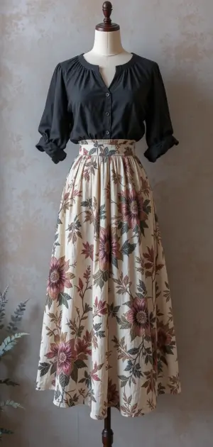 A beige floral skirt paired with a black button-up blouse.