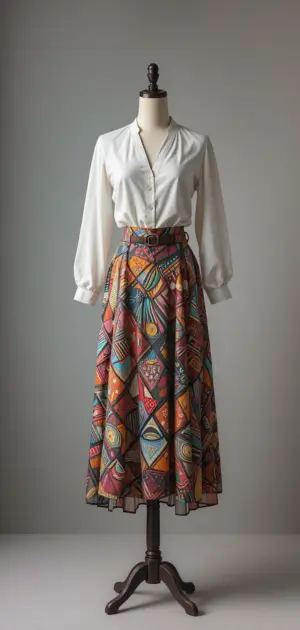 The mannequin is dressed in a white blouse and geometric print midi skirt.