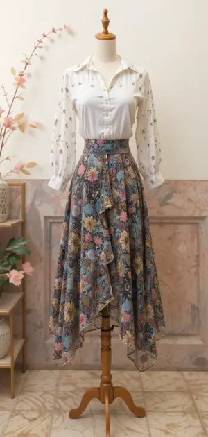 A mannequin dressed in a floral asymmetrical skirt and sheer blouse.