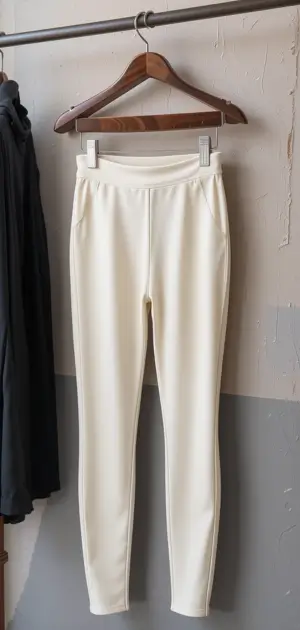 Women’s cream-colored neutral leggings are displayed on a wooden hanger against a textured wall.