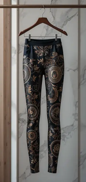Black and gold baroque-style party leggings with an intricate, luxurious design. 