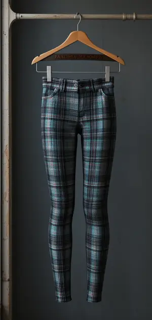Women’s dark plaid leggings with teal and black tones are displayed on a hanger against a grey backdrop.