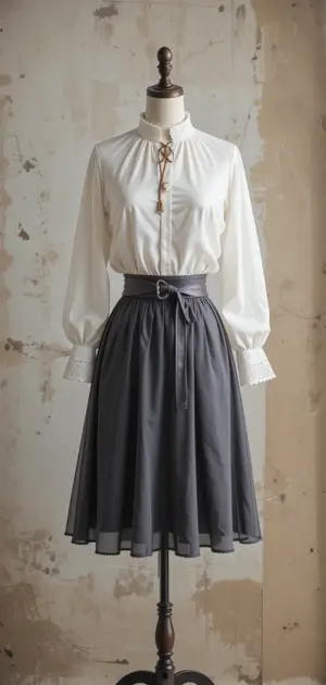 White high-neck blouse with a gray solid skirt and belt.