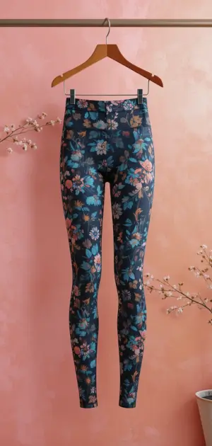 Dark blue spring leggings feature vibrant floral patterns and are ideal for any spring occasion.