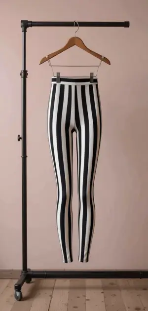 Black and white vertical striped women’s leggings displayed on a hanger with a light pink backdrop.