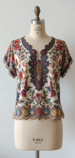 Short-sleeve summer blouse with multicolored embroidery and scalloped hem. 