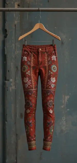 High-waisted rust-red vintage leggings with intricate floral embroidery.