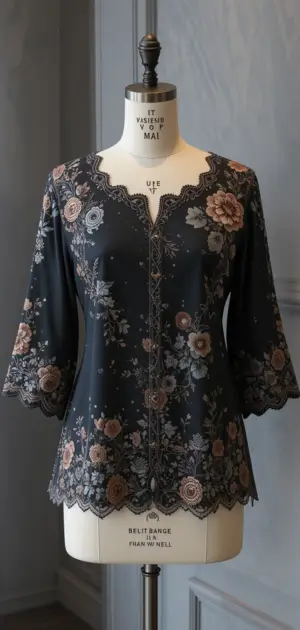 Black embroidered blouse with lace details on a mannequin.