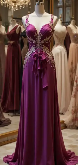 Deep purple wedding maxi dress with embellishments on mannequin