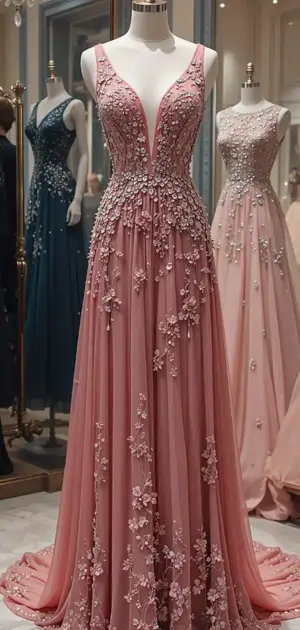 Pink wedding dress with dense floral embroidery and a plunging neckline