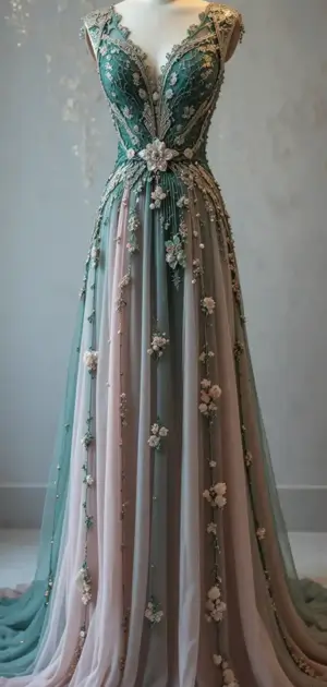 Pastel green wedding dress with floral appliqué and intricate beading