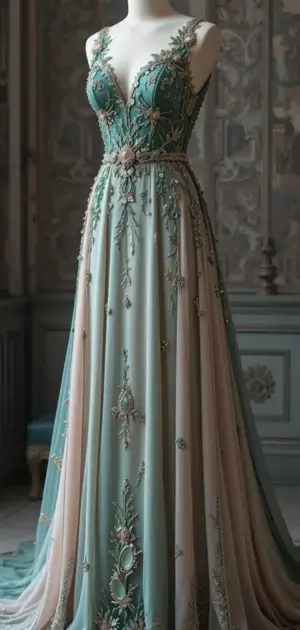 Pastel green wedding maxi dress with floral appliqué on mannequin.