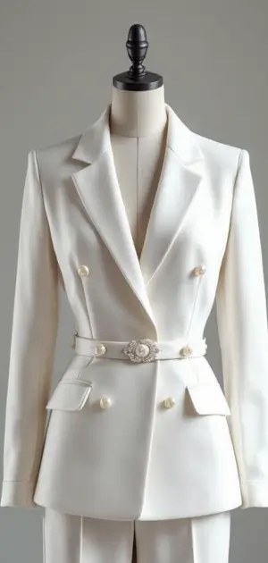 Double-breasted white blazer with pearl buttons and a fitted design