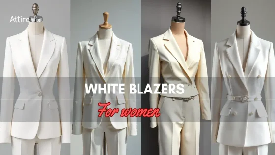 Four elegant white blazers for women displayed on mannequins.